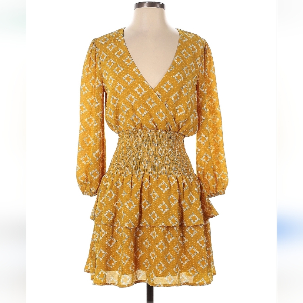 Francescas Blue Rain Gold Smocked Puff Sleeve Mini Dress size Medium